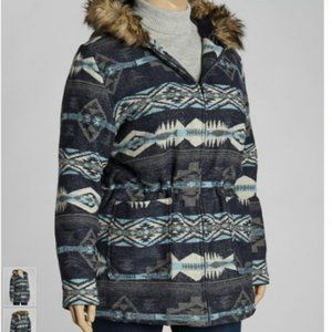 Blue Aztec Faux Fur Trim Hooded Coat Size Medium